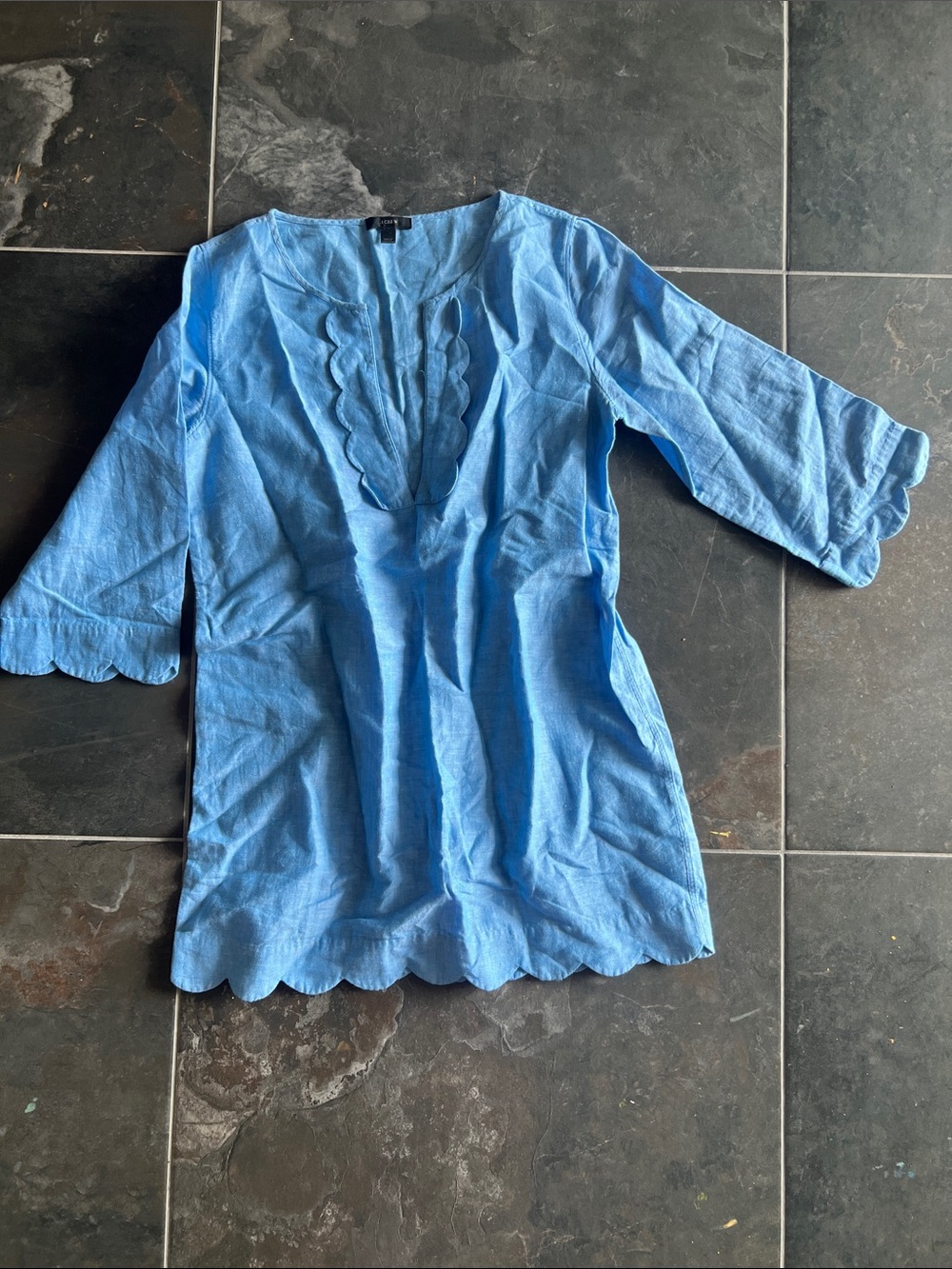 J Crew Blue Scallop-Trim Linen Tunic